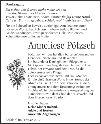 Traueranzeige von Anneliese Pötzsch von Super Sonntag Wittenberg