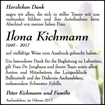 Traueranzeige von Ilona Kichmann von Super Sonntag SGH Mansf. Land