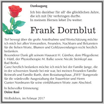 Traueranzeige von Frank Dornblut von Super Sonntag SGH Mansf. Land