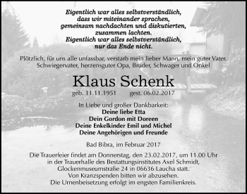 Traueranzeige von Klaus Schenk von Mitteldeutsche Zeitung Naumburg/Nebra