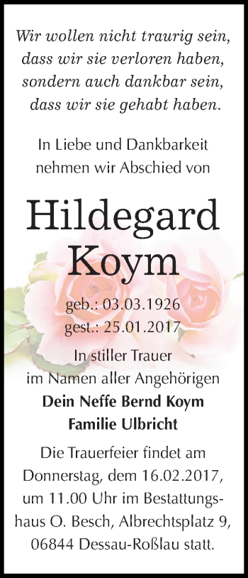 Traueranzeige von Hildegard Koym von WVG - Wochenspiegel Dessau / Köthen