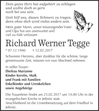 Traueranzeige von Richard Werner Tegge von WVG - Wochenspiegel Bitterfeld