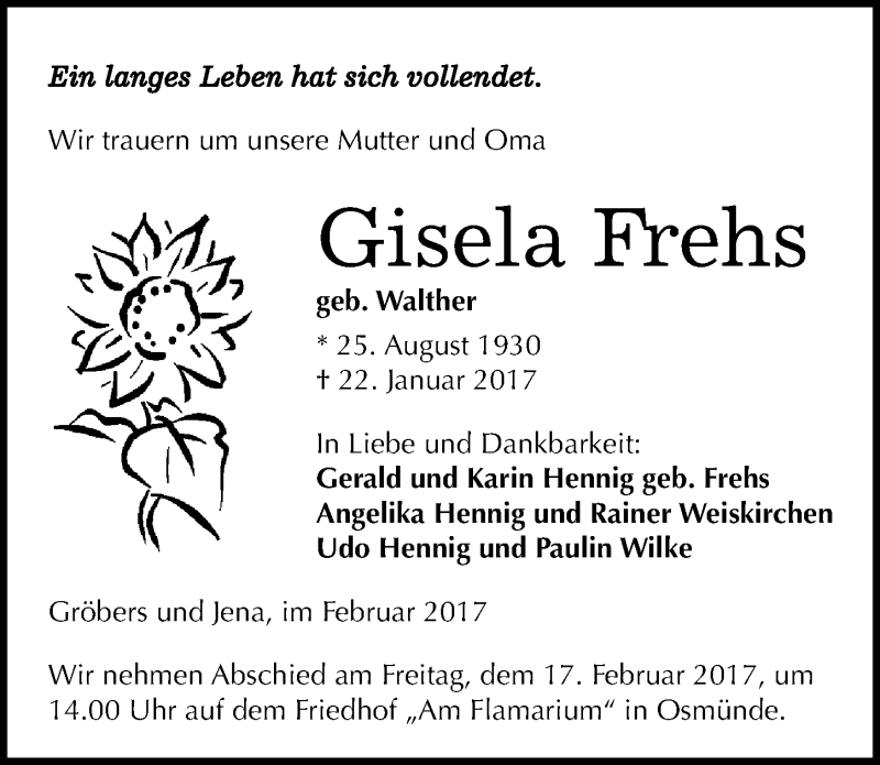  Traueranzeige für Gisela Frehs vom 11.02.2017 aus Mitteldeutsche Zeitung Halle/Saalkreis
