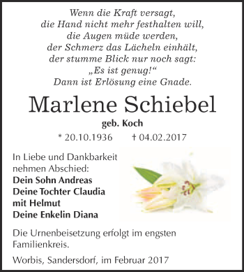 Traueranzeige von Marlene Schiebel von WVG - Wochenspiegel Bitterfeld