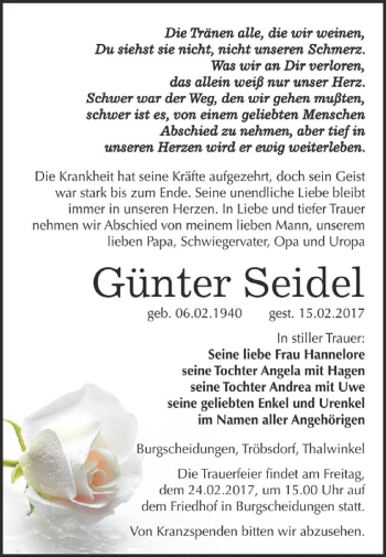 Traueranzeige von Günter Seidel von WVG - Wochenspiegel NMB / WSF / ZTZ