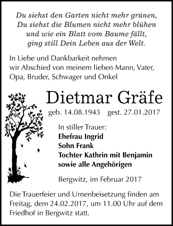 Traueranzeige von Dietmar Gräfe von Mitteldeutsche Zeitung Wittenberg