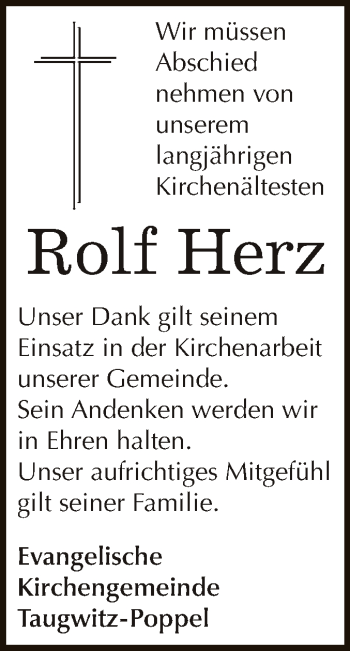 Traueranzeige von Rolf Herz von WVG - Wochenspiegel NMB / WSF / ZTZ