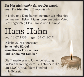 Traueranzeige von Hans Hahn von Mitteldeutsche Zeitung Mansfelder Land