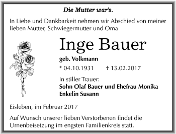 Traueranzeige von Inge Bauer von Mitteldeutsche Zeitung Mansfelder Land