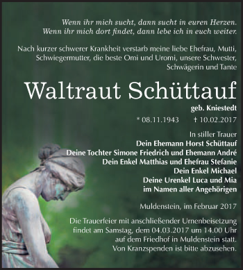 Traueranzeige von Waltraut Schüttauf von WVG - Wochenspiegel Bitterfeld
