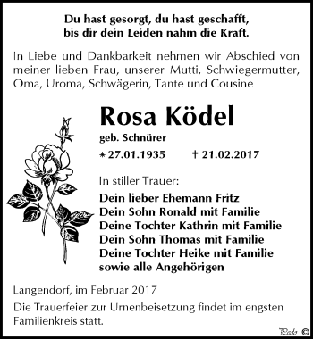 Traueranzeige von Rosa Ködel von Mitteldeutsche Zeitung Weißenfels
