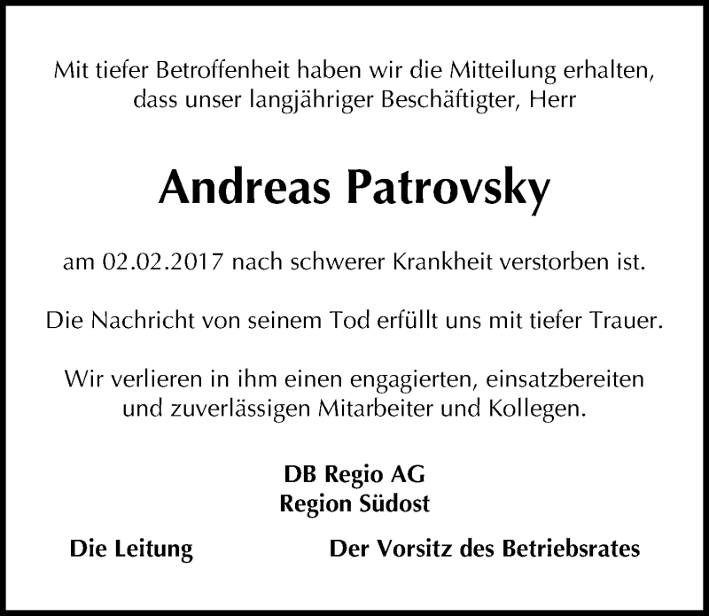  Traueranzeige für Andreas Patrovsky vom 16.02.2017 aus Mitteldeutsche Zeitung Halle/Saalkreis