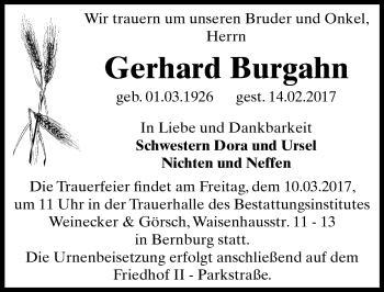 Traueranzeige von Gerhard Burgahn von Mitteldeutsche Zeitung Bernburg