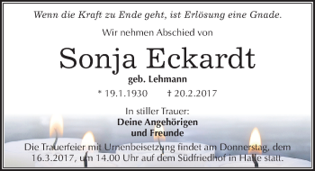 Traueranzeige von Sonja Eckardt von Mitteldeutsche Zeitung Halle/Saalkreis