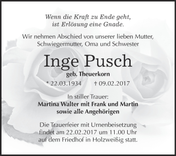Traueranzeige von Inge Pusch von WVG - Wochenspiegel Bitterfeld