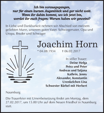Traueranzeige von Joachim Horn von Mitteldeutsche Zeitung Naumburg/Nebra