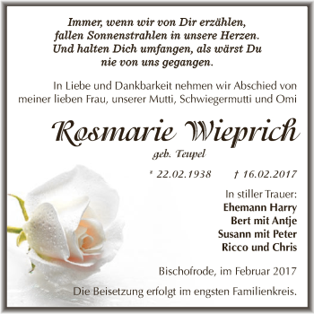 Traueranzeige von Rosmarie Wieprich von Super Sonntag SGH Mansf. Land