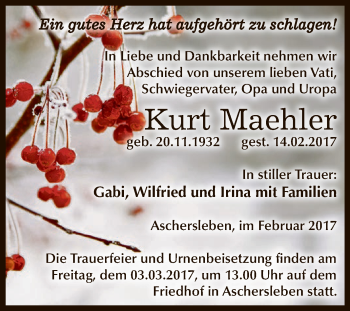 Traueranzeige von Kurt Maehler von Super Sonntag SGH Mansf. Land
