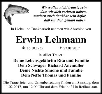 Traueranzeige von Erwin Lehmann von Mitteldeutsche Zeitung Dessau-Roßlau