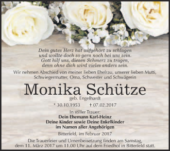 Traueranzeige von Monika Schütze von WVG - Wochenspiegel Bitterfeld