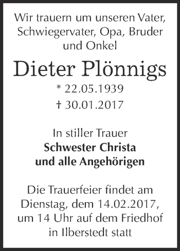 Traueranzeige von Dieter Plönnigs von Super Sonntag Bernburg