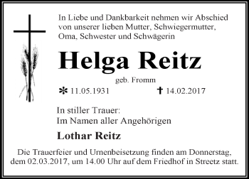 Traueranzeige von Helga Reitz von WVG - Wochenspiegel Dessau / Köthen