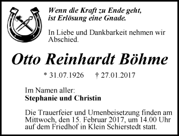 Traueranzeige von Otto Reinhardt Böhme von Mitteldeutsche Zeitung Aschersleben