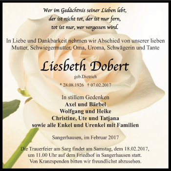 Traueranzeige von Lieseth Dobert von Super Sonntag SGH Mansf. Land