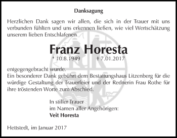 Traueranzeige von Franz Horesta von Super Sonntag SGH Mansf. Land