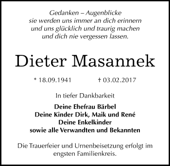 Traueranzeige von Dieter Masannek von Mitteldeutsche Zeitung Dessau-Roßlau