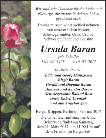 Traueranzeige von Ursula Baran von Mitteldeutsche Zeitung Sangerhausen