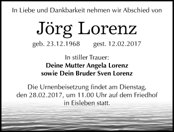 Traueranzeige von Jörg Lorenz von Mitteldeutsche Zeitung Mansfelder Land