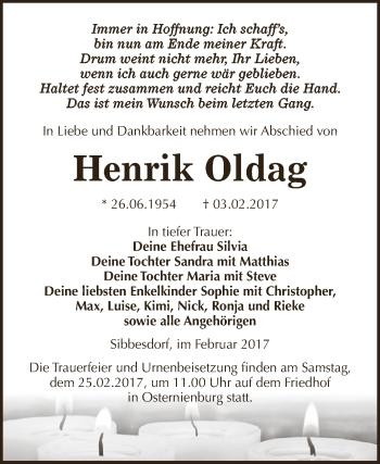 Traueranzeige von Henrik Oldag von WVG - Wochenspiegel Dessau / Köthen