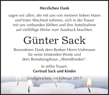 Traueranzeige von Günter Sack von Mitteldeutsche Zeitung Weißenfels