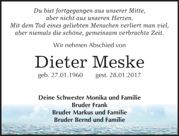 Traueranzeige von Dieter Meske von Mitteldeutsche Zeitung Wittenberg