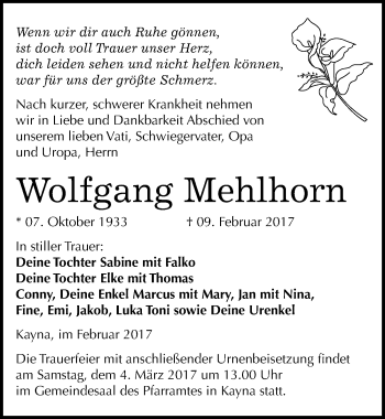 Traueranzeige von Wolfgang Mehlhorn von Mitteldeutsche Zeitung Zeitz