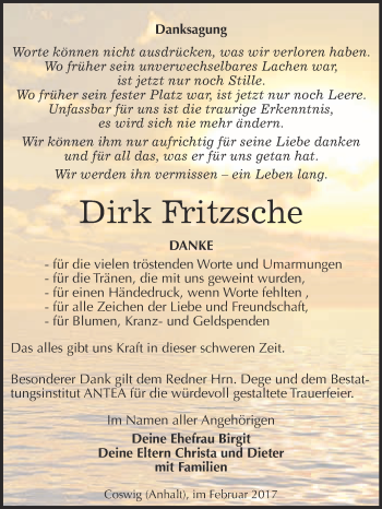 Traueranzeige von Dirk Fritzsche von Super Sonntag Wittenberg