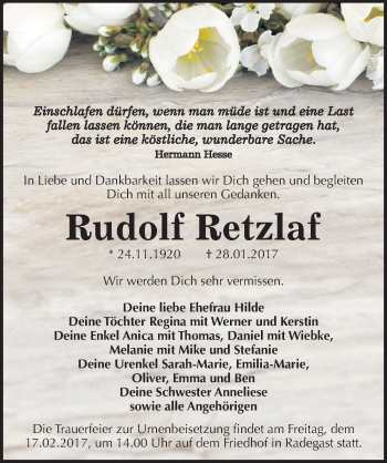 Traueranzeige von Rudolf Retzlaf von Mitteldeutsche Zeitung Köthen