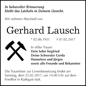 Traueranzeige von Gerhard Lausch von WVG - Wochenspiegel Dessau / Köthen