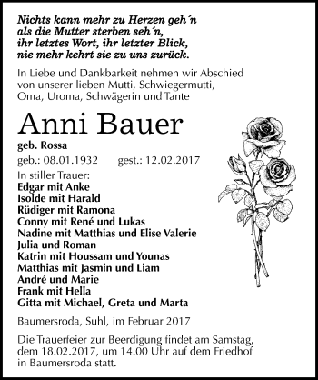 Traueranzeige von Anni Bauer von Mitteldeutsche Zeitung Naumburg/Nebra