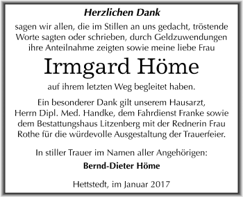 Traueranzeige von Irmgard Höme von Mitteldeutsche Zeitung Mansfelder Land