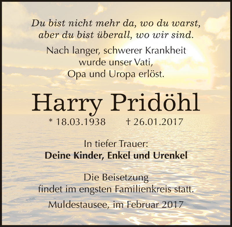  Traueranzeige für Harry Pridöhl vom 01.02.2017 aus Mitteldeutsche Zeitung Bitterfeld