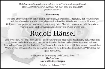 Traueranzeige von Rudolf Hänsel von Super Sonntag Zeitz
