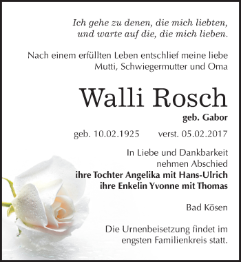 Traueranzeige von Walli Rosch von Mitteldeutsche Zeitung Naumburg/Nebra