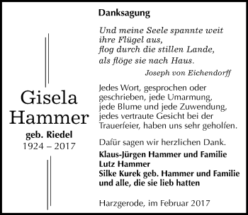 Traueranzeige von Gisela Hammer von Mitteldeutsche Zeitung Quedlinburg