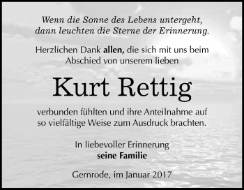 Traueranzeige von Kurt Rettig von Super Sonntag Quedlinburg