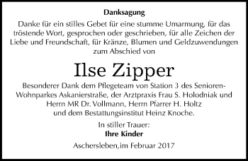 Traueranzeige von Ilse Zipper von Mitteldeutsche Zeitung Aschersleben