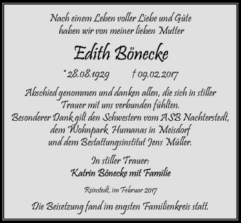 Traueranzeige von Edith Bönecke von Mitteldeutsche Zeitung Quedlinburg