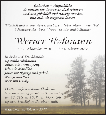 Traueranzeige von Werner Hohmann von Mitteldeutsche Zeitung Quedlinburg