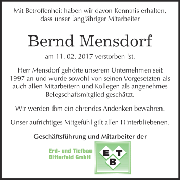 Traueranzeige von Bernd Mendorf von WVG - Wochenspiegel Bitterfeld